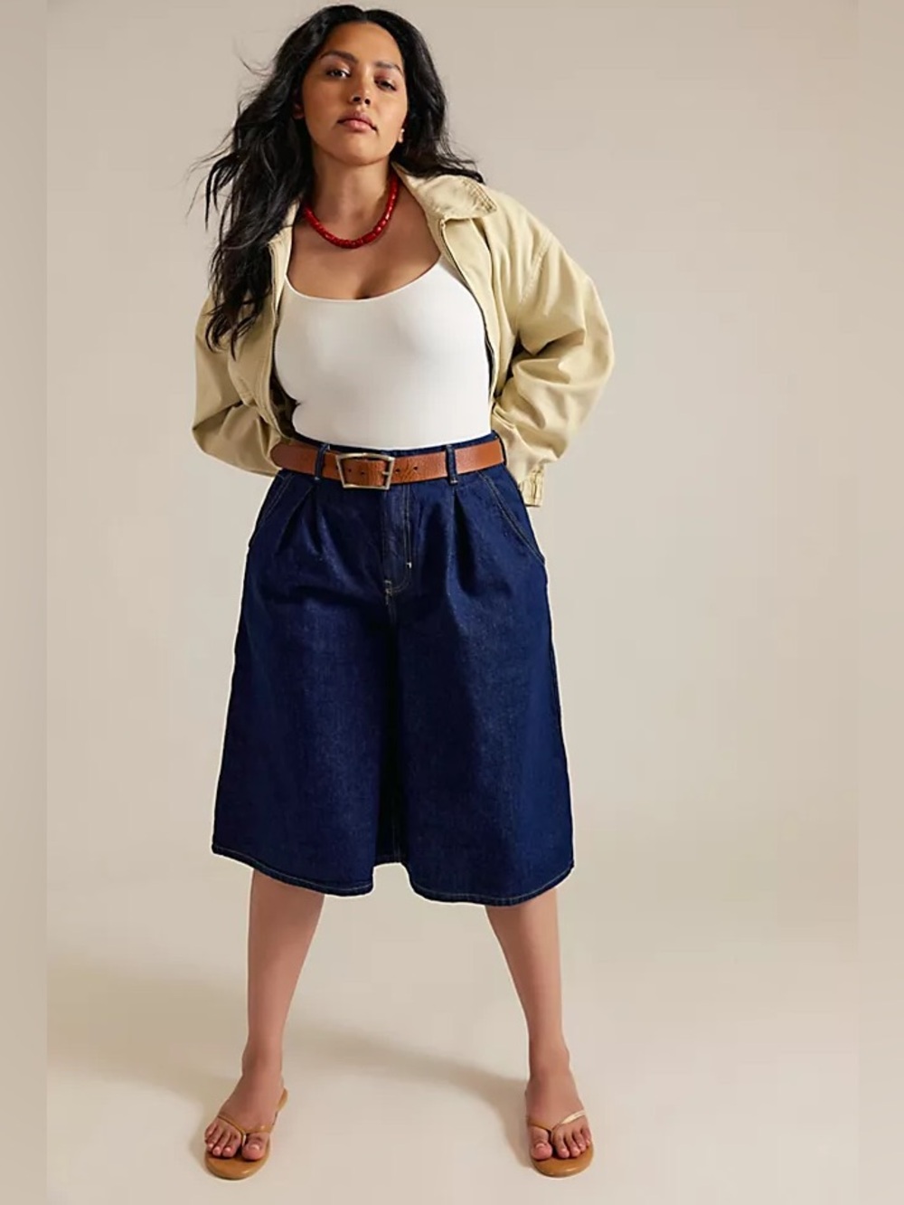 Wide-Leg Denim Bermuda Shorts in Dark Blue